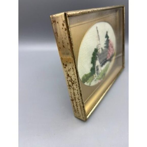Vtg Handmade Embroidered Church‎ Steeple Scene In Gold Frame Trees - Picture 3 of 7